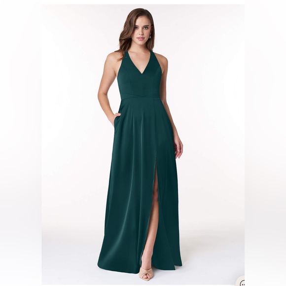 NWT! Azazie Ceria A-Line V-Neck Stretch Satin Floor Length- Pine,Size A10 - Picture 1 of 9